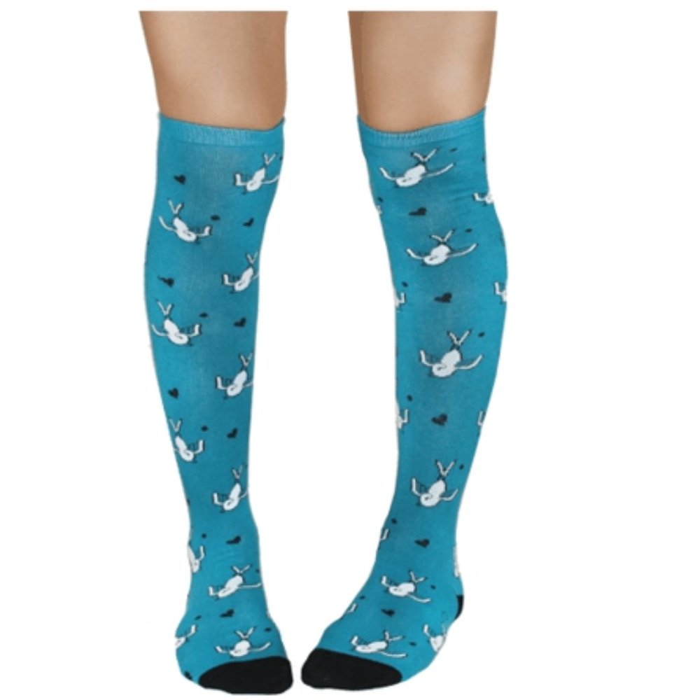 Turquoise with White Swallows and Black Hearts Over-The-Knee Socks